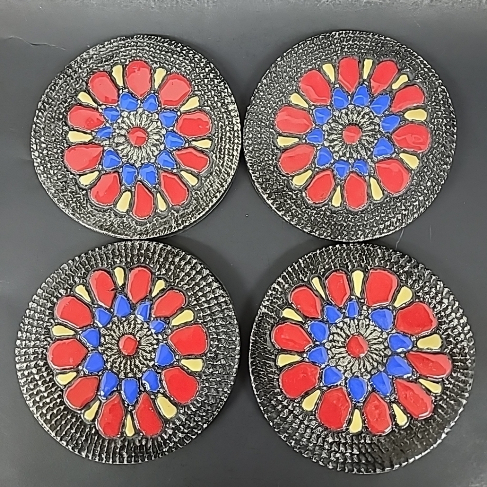 Red Dog Turkish Handpainted Ceramic Coasters Floral Design Signed Set Of 4